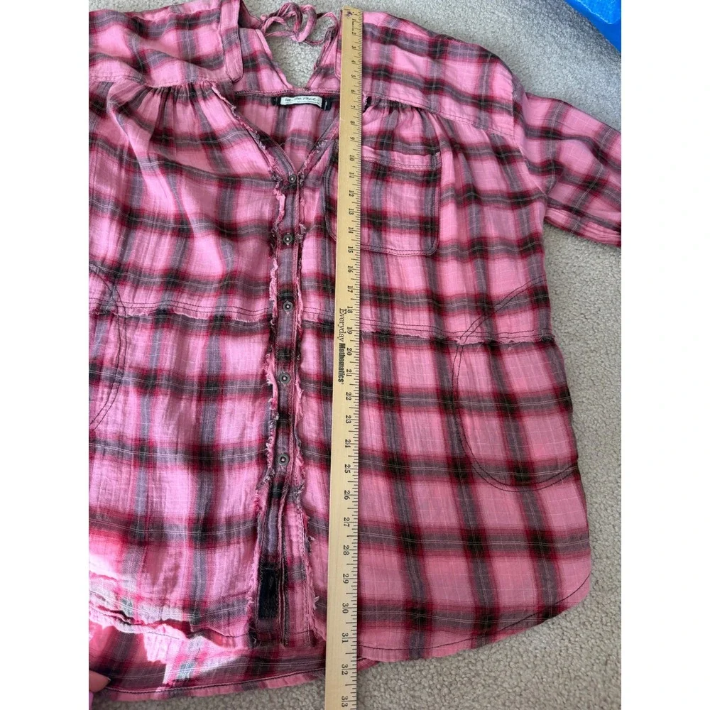 Free People Tunic Shirt One of the‎ Boys Plaid Boho Slouchy Lagenlook Pink Large